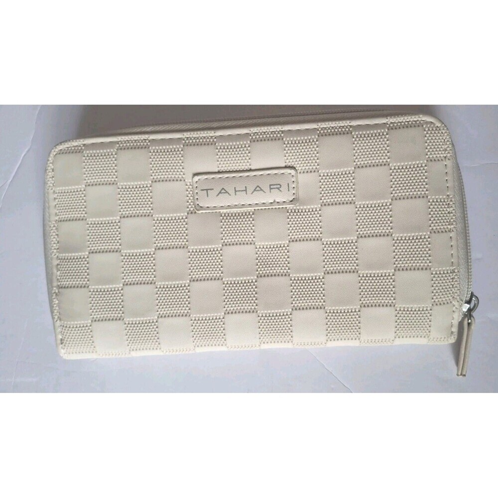 TAHARI  Delta Checked Zip Around  Clutch Wallet Women's Beige ID Protection New